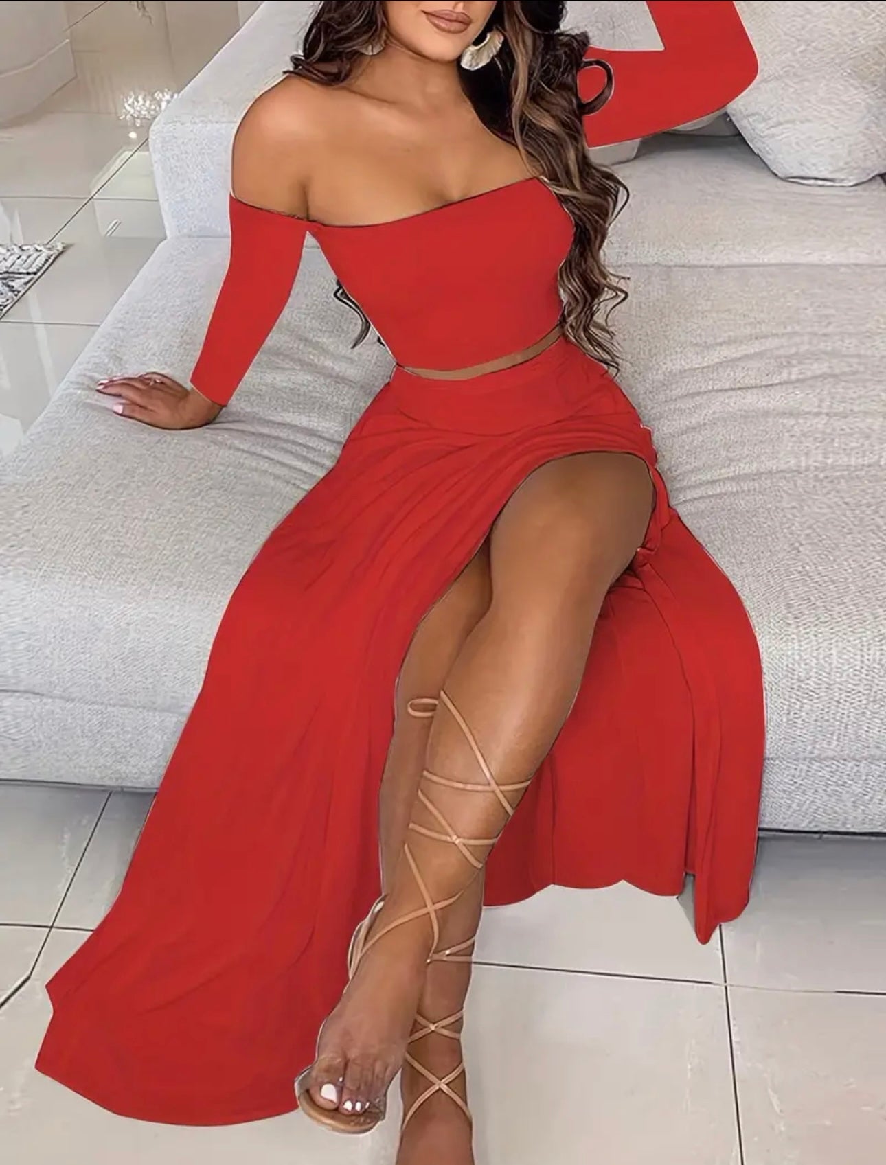 Off The Shoulder High Split Two Piece Set