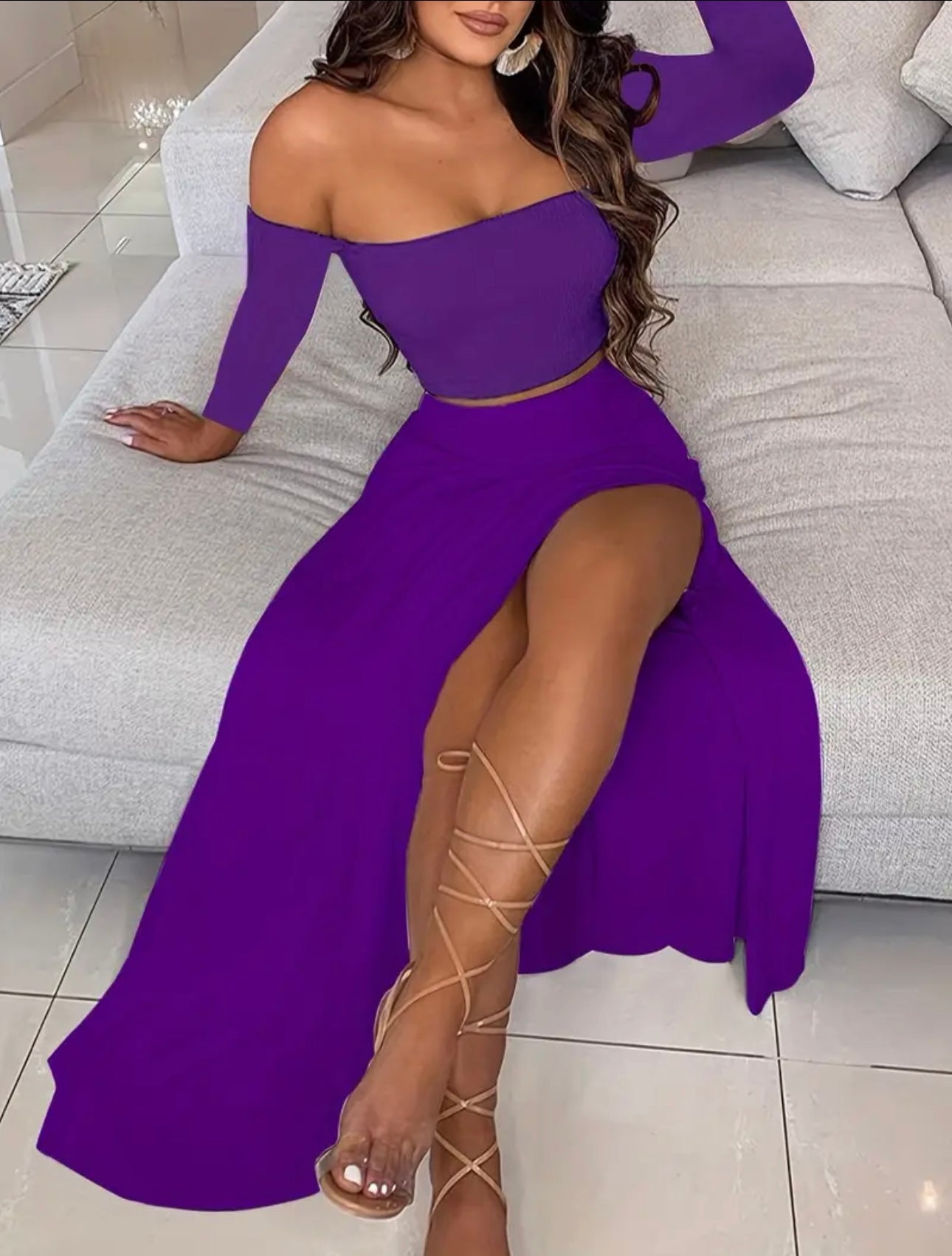 Off The Shoulder High Split Two Piece Set
