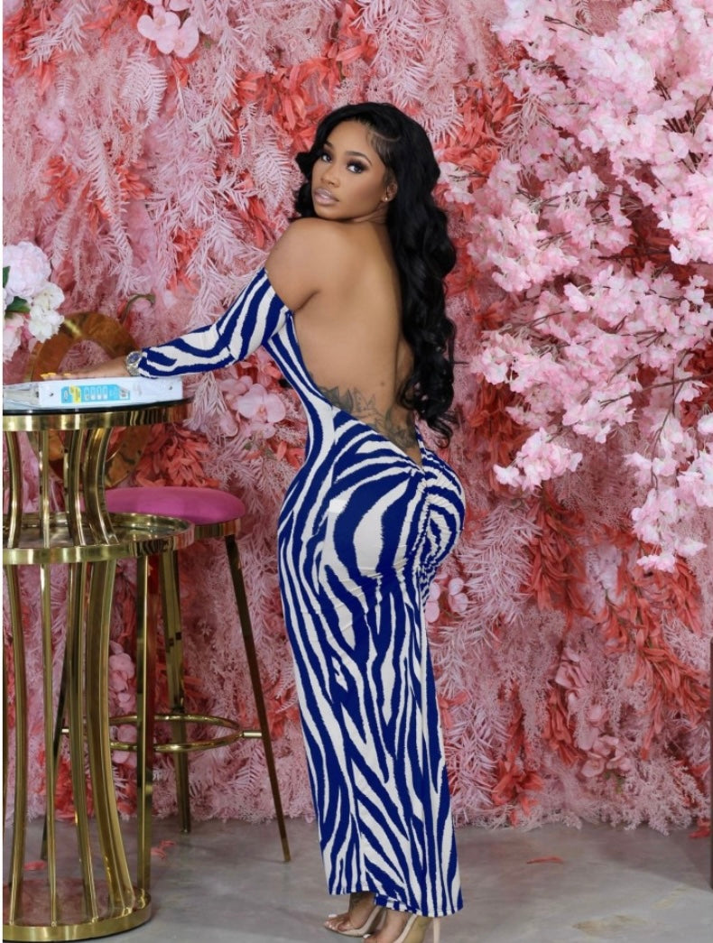 Thelz Backless Zebra Stripes Long Sleeve Maxi Dress