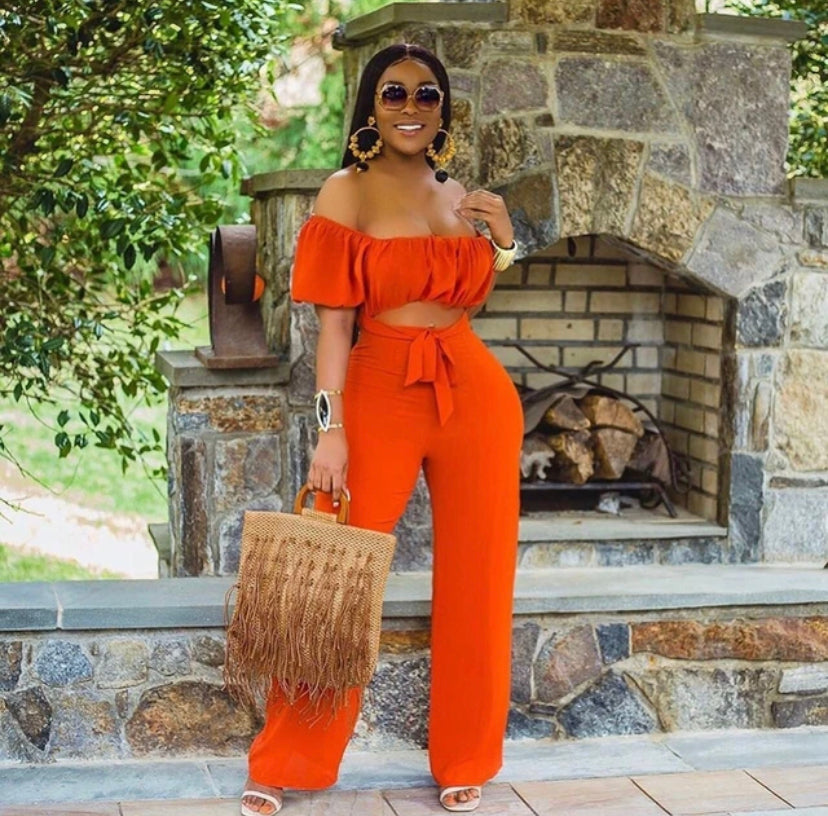 Thelz Boat Neck Bright Orange One piece wide Leg Jumpsuit