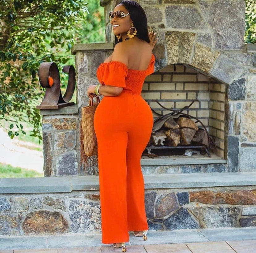 Thelz Boat Neck Bright Orange One piece wide Leg Jumpsuit