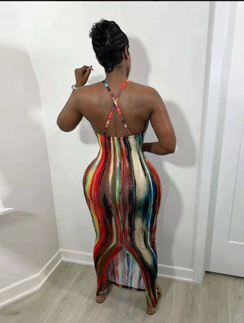 Thelz Multicolored Cross Belt Backless Sun Dress