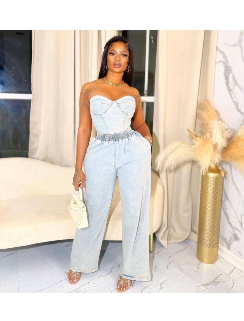 Thelz Strapless Denim Two Piece Set