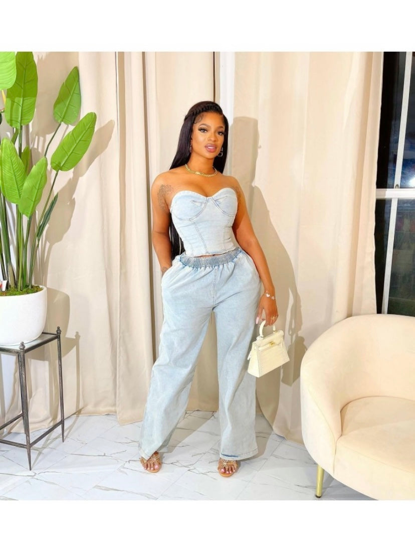Thelz Strapless Denim Two Piece Set