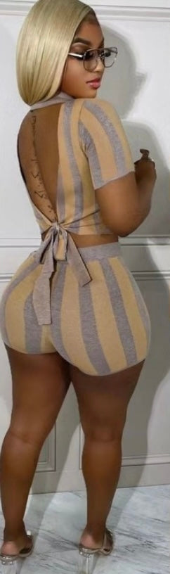 Thelz Casual striped Two - Piece Polo Neck Top and High-waist shorts Set