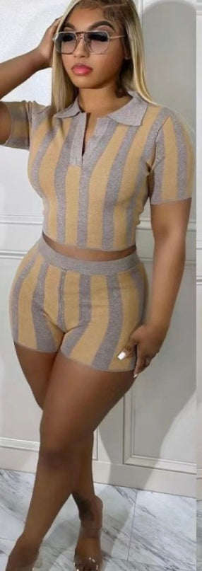 Thelz Casual striped Two - Piece Polo Neck Top and High-waist shorts Set